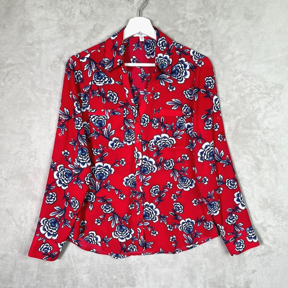 Express Portofino Shirt Slim Fit Small Red Blue Floral Button Down Feminine Chic